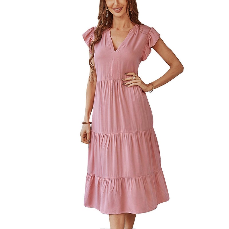 Women Casual V Neck Midi Dress Flutter Sleeves A Line Pure Color Summer Ruffle Tiered Dress Pink M | Fruugo SG