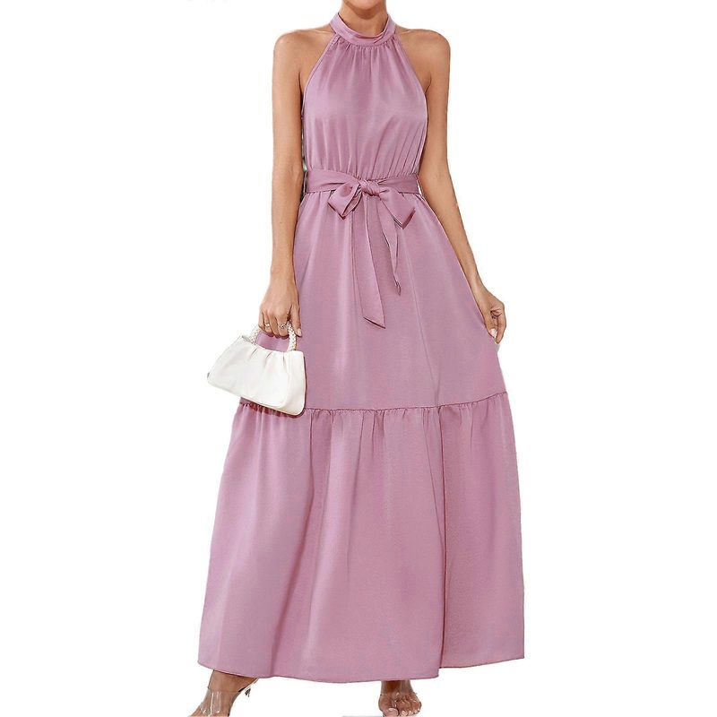 Women Long Dress Halter Neck Sleeveless Flowy Ruffle Hem Waist Belt Pure Color Summer Dress | Fruugo SG