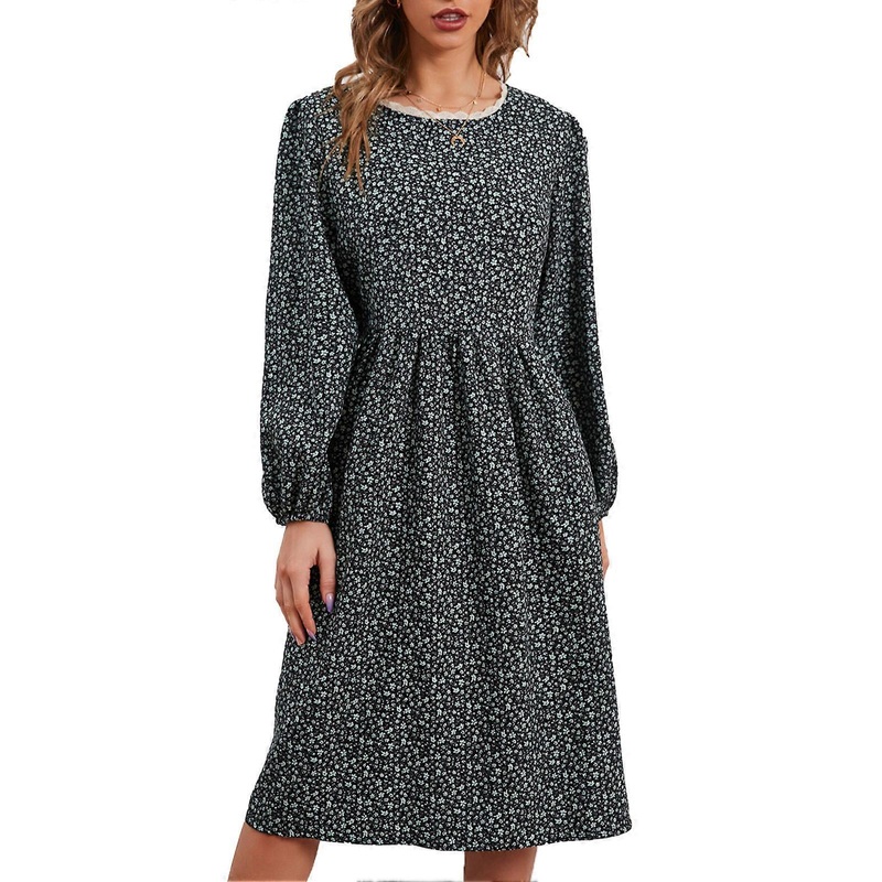 Women Midi Dress Floral Print Crew Neck High Waist Long Sleeve Dress for Dating Home Office Purplish Blue L | Fruugo SG