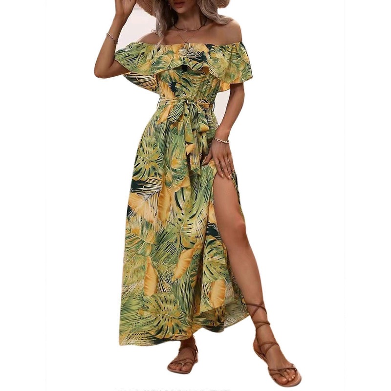 Women’s Dresses for Summer A Line Dresses Off Shoulder Ruffle Floral Printed Maxi Dress Casual Bohemian Long Sleeve  Yellow XL | Fruugo SG