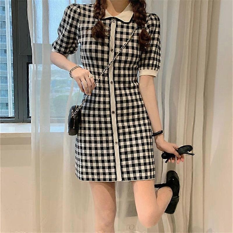 Women Summer Short Sleeve Dress Elegant Slim Fit Turn Down Collar Button Gingham Knit Dress for Work Black Free Size for 82.7-132.3lb | Fruugo SG