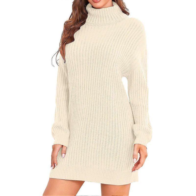Women Turtleneck Sweater Dress Elegant Casual Loose Pure Color Long Sleeve Pullover Rib Knit Dress for Office Apricot XXL | Fruugo SG