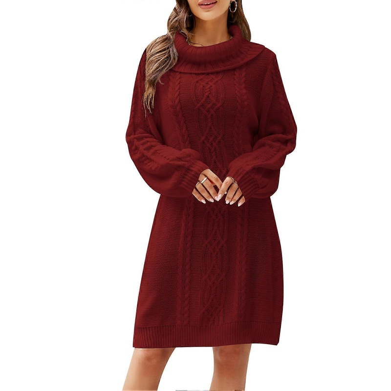 Womens Sweater Dress Cable Knit Turtleneck Pure Color Loose Shape Womens Tunic Sweater for Dating Party Street Wine Red XL | Fruugo SG