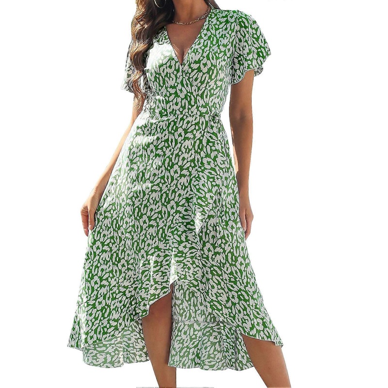 Wrap V Neck Short Sleeve Floral Print Dress Women Elegant Ruffle Hem Belted Dress for Beach Party Green S | Fruugo SG