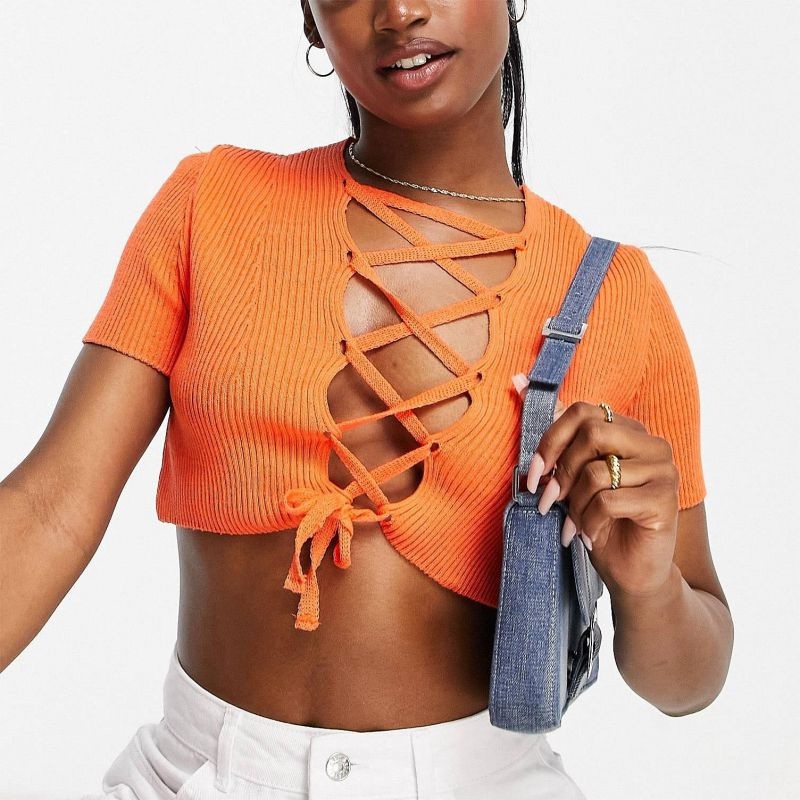 Custom Hottie Clothing Patchwork Straps Ladies Slim Hollow Round Neck Y2K Short Sleeve Summer Women Knit Pullover Short Tops – Ladies Sweater and Striped Sweater price|S, S/M/L/Customized Size