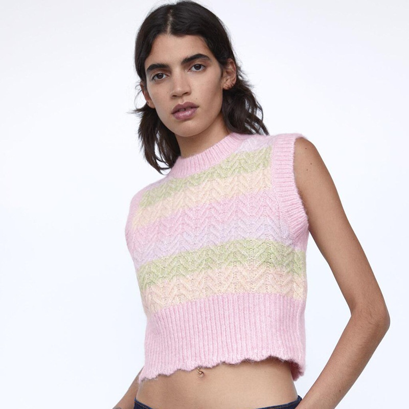 Sweet Fashion Ribbed Trims Striped Womens Sweater Vest Vintage O Neck Sleeveless Chic Tops Vest Sweater – Women Clothes and Clothing price|S