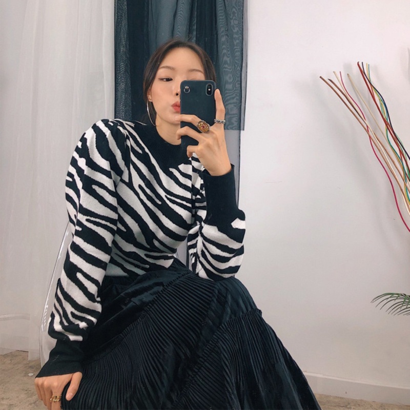 Zebra Print Turtleneck for Ladies – Lazy Casual Sweaters and Top with Turtleneck Cuffs price|L, Custom