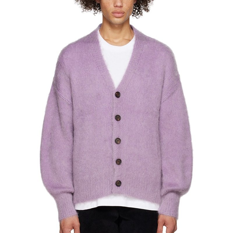 Advanced Mohair Coat Solid Color Lantern Sleeves Men Pullover Single-Breasted V-Neck Sweatshirt Men Knit Sweater – Mens Sweater and Striped Sweater price|S, S/M/L/Customized Size