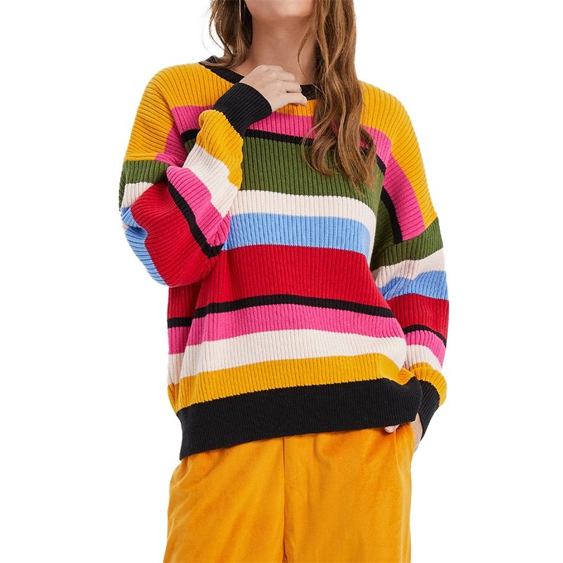 Custom Multi-Color Striped Women Pullovers Patchwork Round Neck Womens Sweaters – Ladies Sweater and Striped Sweater price|S, S/M/L/Customized Size
