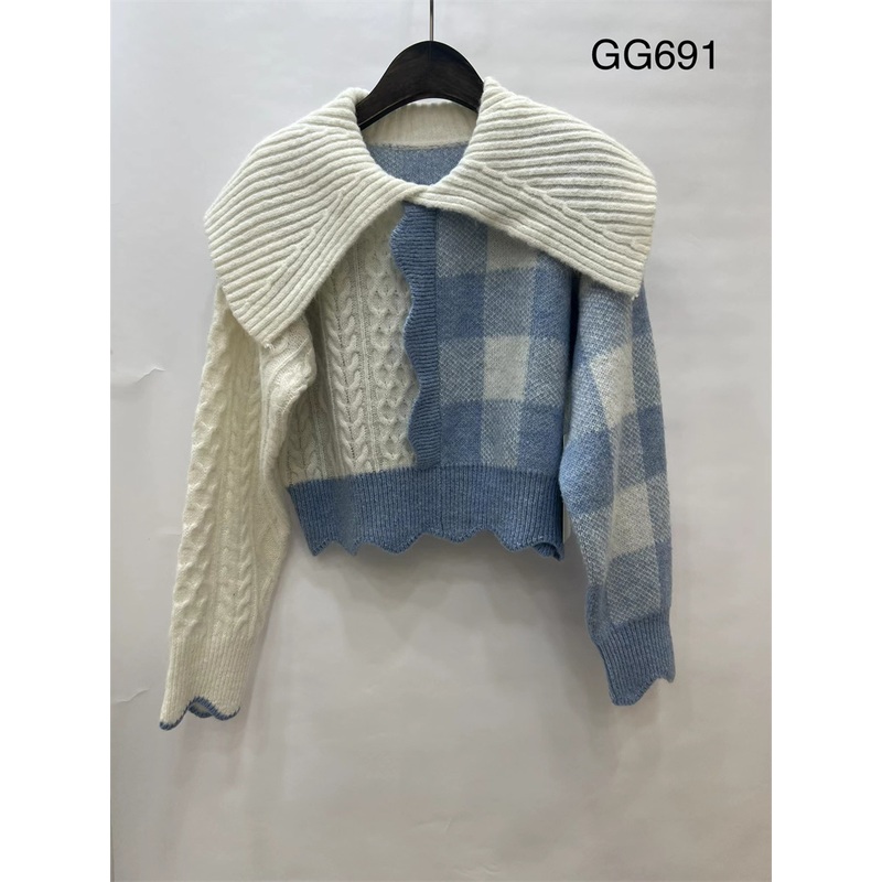 Womens Fall/Winter Long Sleeve Lapel Three-Dimensional Plaid Threaded Cuff Loose Sweater Fashion Knit Pullover – Sweater Top and Sweater price|S