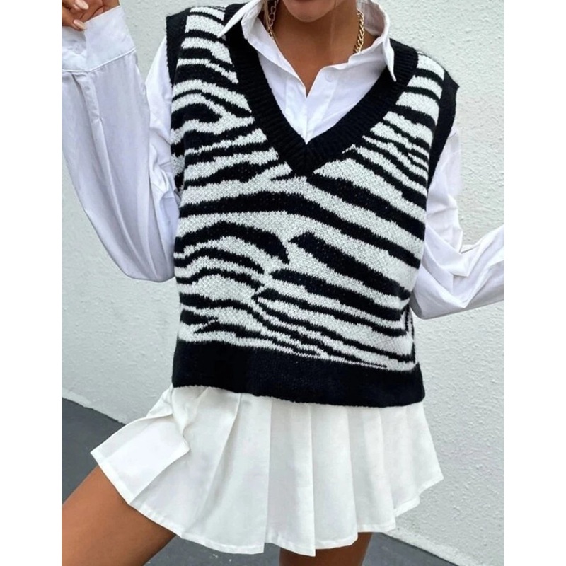Zebra Pattern Sweater Vest Ladies Plaid Casual Sleeveless Knitted Vest Ladies College Style V-Neck Pullover Autumn – Women and Leisure price|S