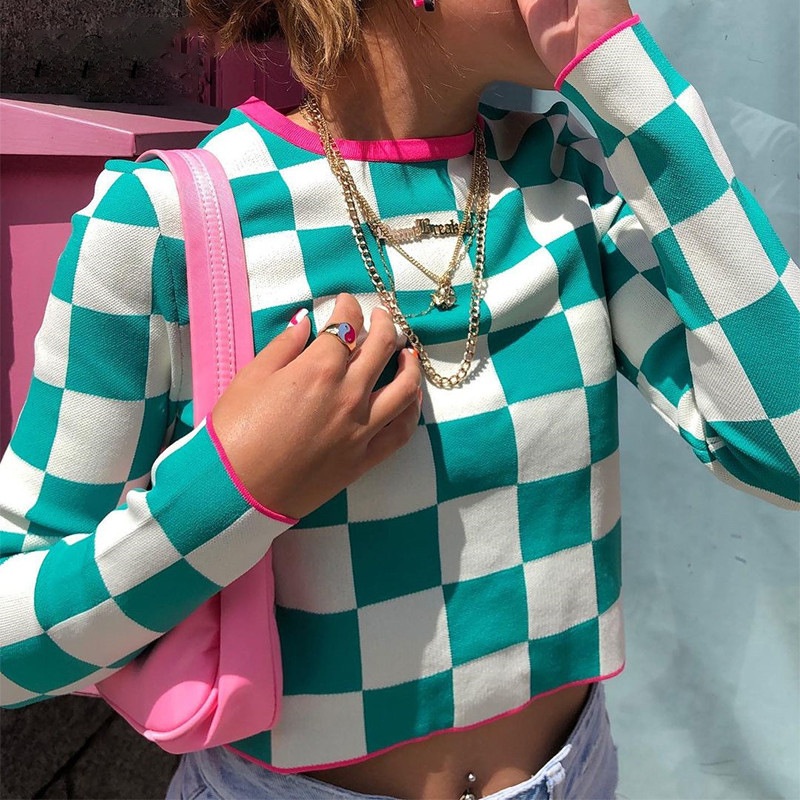 2023 Wholesale Checkerboard Stitching V Neck Long Sleeve Top Knit Women Sweater – Contrast Color Sweater and Female Casual price|S