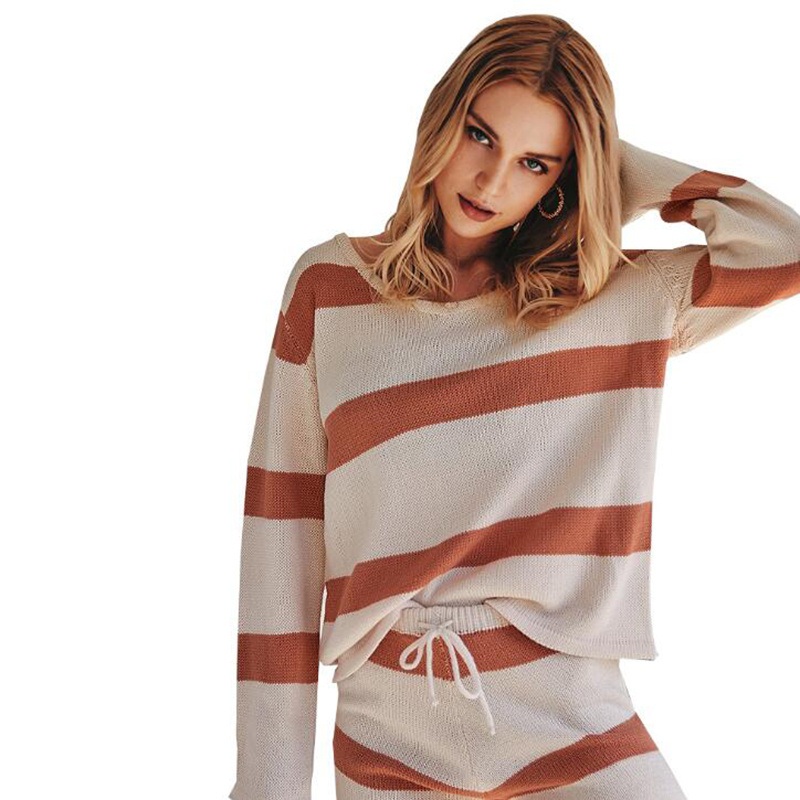 Autumn Womens Casual Striped Print Two Pieces Set Outfit Sweater Top and Shorts Set – Autumn Winter Sweater and Fashion Sweater price|S, S, M, L, XL