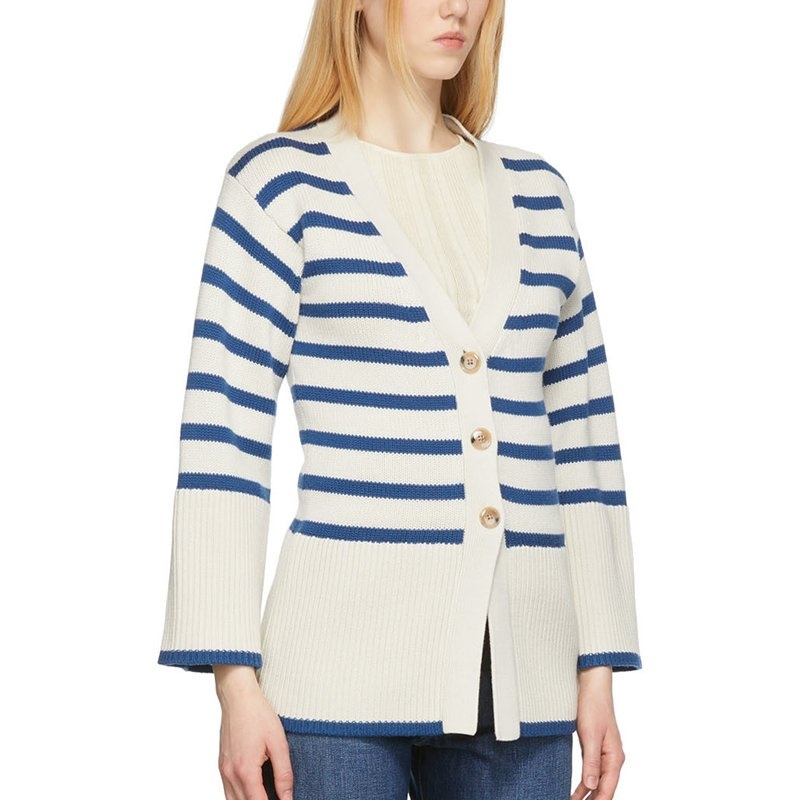 Custom OEM ODM Single-Breasted Sweaters for Women Deep V-Neck Tapered Waist Cardigan Women Blue Striped Jacket Womens Sweater – Ladies Sweater and Customized Factory Sweaters price|S, S/M/L/Customized Size