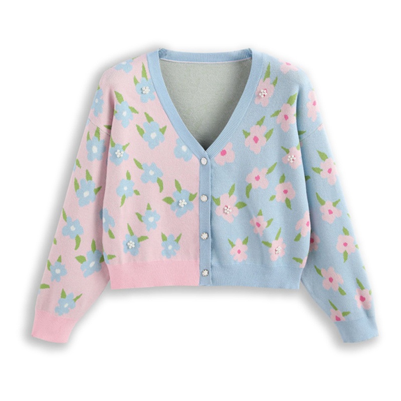 Designer Fully Custom Cardigan Sweater Women Beading Color Block Drop Shoulder Floral Jacquard Knitted Sweater Cardigan – Cardigan Sweater and Beige Sweater price|S, Customized