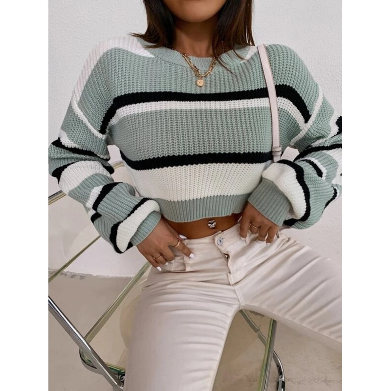 Drop Shoulder Fashion Street Knitwear Girl Knit Crop Tops Stripped Color Block Sweater – Woman Sweaters and Striped Sweater price|S