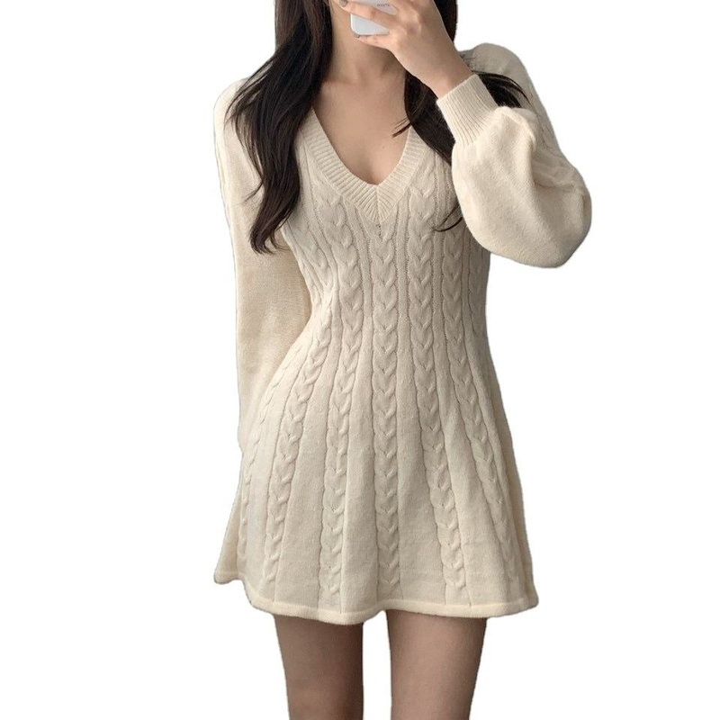 Elegant Lantern Sleeve A-Line Robe Ladies Daily Knitted Dresses for Women Temperament V Neck Twist Pattern Sweater Dress Winter – Knitwear and Short Dress price|S