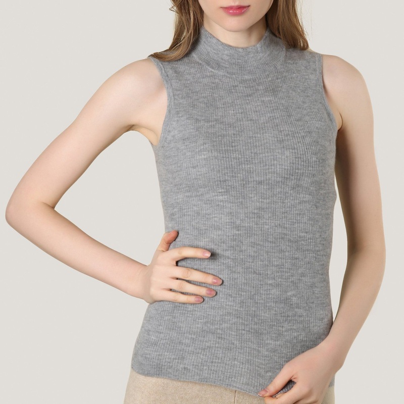 Grey Cashmere Mock Neck Rib Knit Vest – Cashmere Sweater and Women Sweater price|M