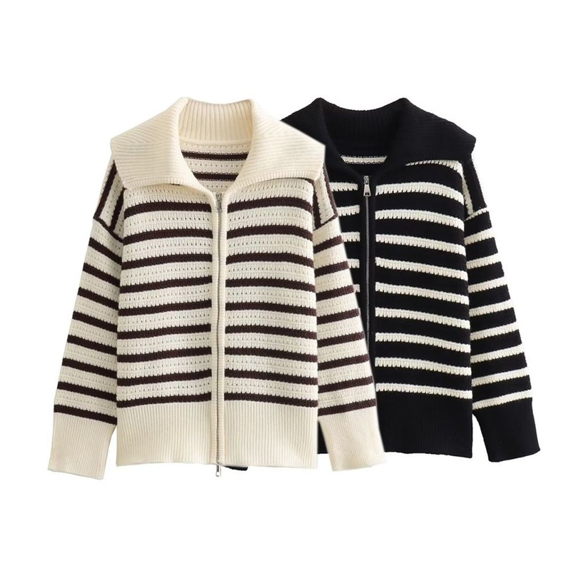 Pb&Za Womens Wholesale New Casual Lapel Two-Color Striped Sweater – Designer Sweater and Sweaters for Women price|S, S . M . L