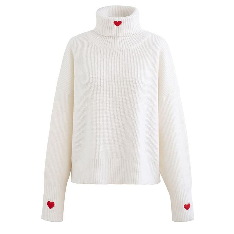 Senior Lady Custom Love Heart Pattern Embroidery Knitwear Double Layer High Collar Women Pullovers Solid Color Women Sweater – Ladies Sweater and Striped Sweater price|S, S/M/L/Customized Size