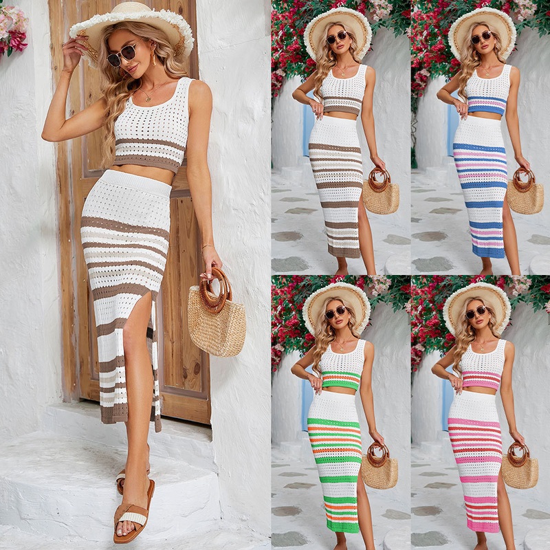 Summer Women Beach Clothes Square Collar Striped Hollow Suit Short Vest Slit Long Skirt Dress – Beach Sweaters and Hollow out Sweater price|S