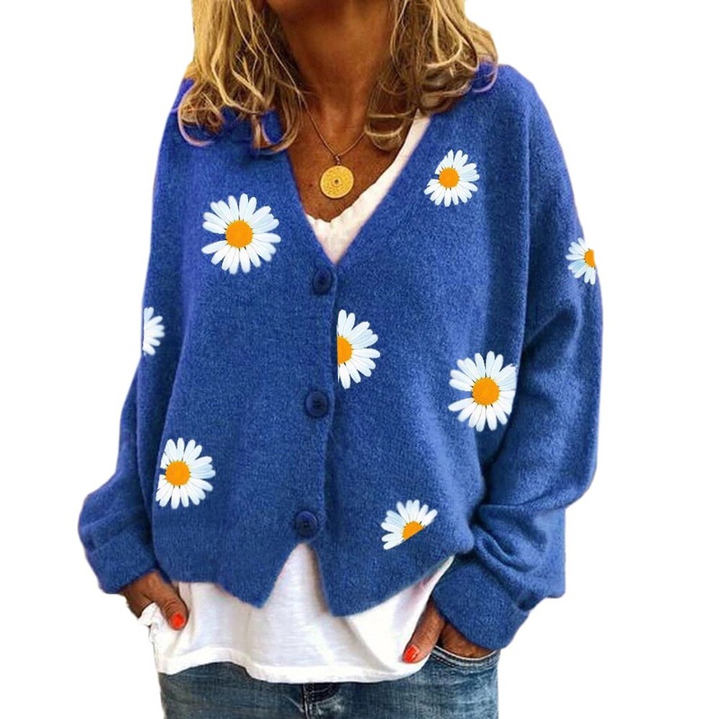 Wholesale Clothing Blue Daisy Print Casual Button Cardigan for Women – Cardigan for Women and Button Cardigan price|S, M, L, XL, XXL