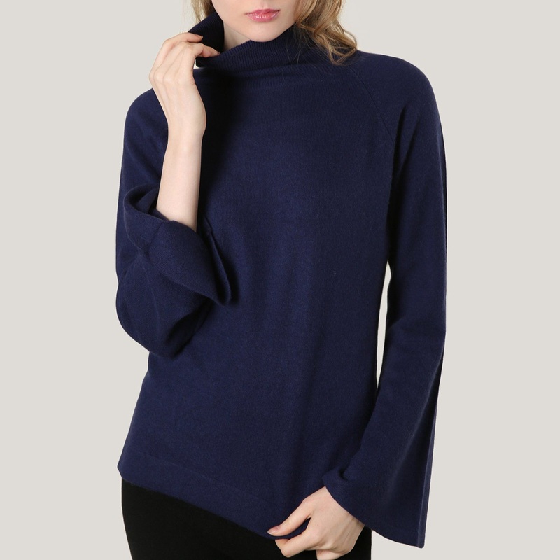 High Neck Cashmere Navy Sweater with Bell Sleeve – Cashmere Sweater and Women Sweater price|S