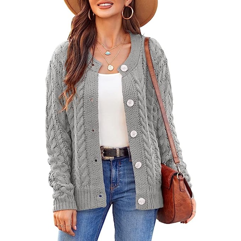 Women Loose Long Sleeve Crewneck Cable Knit Sweater Open Front Button Down Cardigan Soft Chunky Rid Outwear Coat – Cardigan Sweater and Long Sweater price|S, Customized