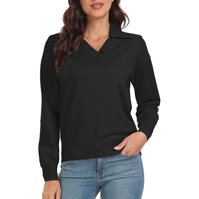 Womens V Neck Jumpers with Lapel Knit Long Sleeve Tops for Ladies Solid Color Sweatshirts – Knitwear Pullover and Soft Warm price