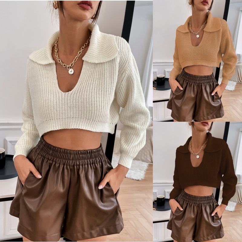 2022 New Winter Women Loose Pullover V Neck Sweater Crop Top Sweater Knitted Sweater – V Neck Sweater and Crop Top Sweater price|S