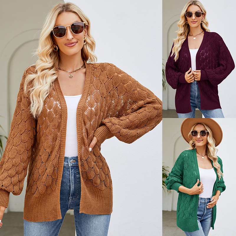 Custom Autumn Wholesale Fashion Hollow out Ladies Lantern Long Sleeve Cardigan Sweater – Hoodies and Sweater price|S