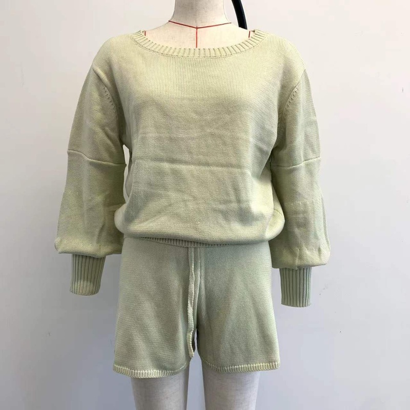 Sweater Manufacturer 100% Cotton Spring Women Knitted Sweater Short Pants Set Lantern Sleeve Cozy Home Wear Sweater Sets – Ladies Sweater and Sweater Sets price|S
