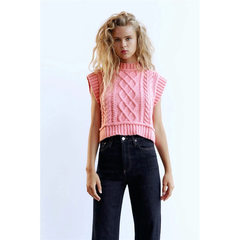 Sweet Fashion Cable Knitted Cropped Women Sweater Vest High Neck Sleeveless Tops Vest Sweater – Women Clothes and Clothing price|S