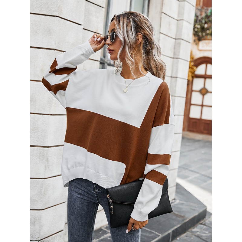 Women Sweaters Color Blocking Irregular Hem Loose Knit Sweater Bat Sleeve Pullover Sweater – Knit Sweater and Clothes price|S