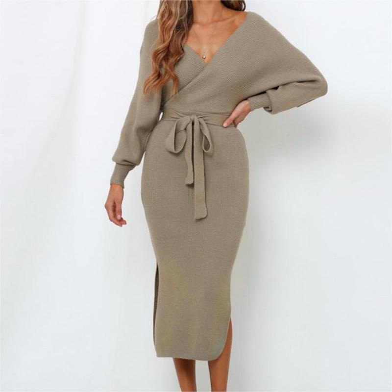 Womens Fall Clothings Solid Color Sweater Custom V-Neck Pullover Knit Sexy Dresses – Ladies Sweater and Customized Factory Sweaters price|S, S/M/L/Customized Size
