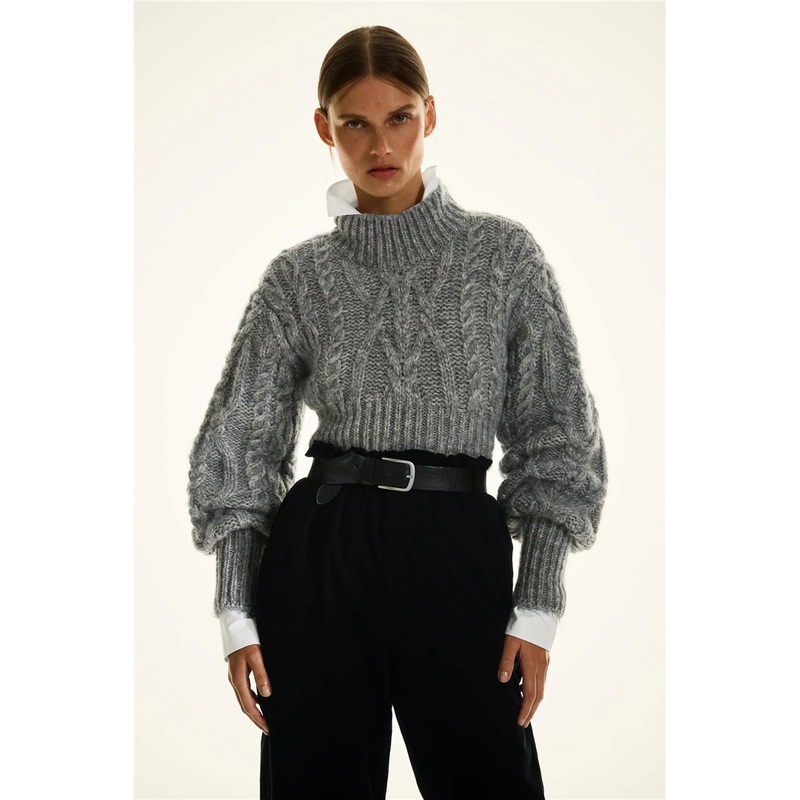 Asymmetric Cropped Cable Knit Custom Turtleneck Crop Top Sweater Woman Warm Knitted Sweater – Women Clothes and Clothing price|S