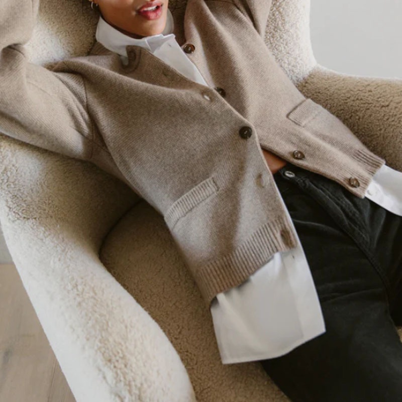 Crew Neck Wool Cardigan Sweater Long Sleeve Knitted Women Clothing with Pocket – Women Clothing and Sweater price|S