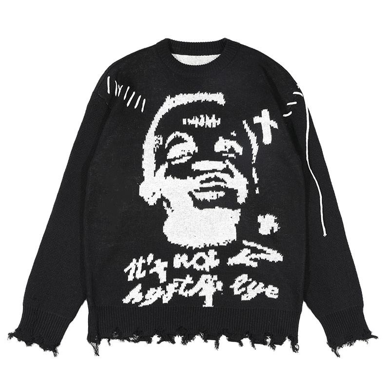 Custom Logo OEM & ODM Men Sweater Jacquard Pattern Distressed Effect Knitwear Winter Long Sleeve Knit Jumpers Custom Sweater Men – Mens Sweaters and Custom Sweater price|Accept Customized Size