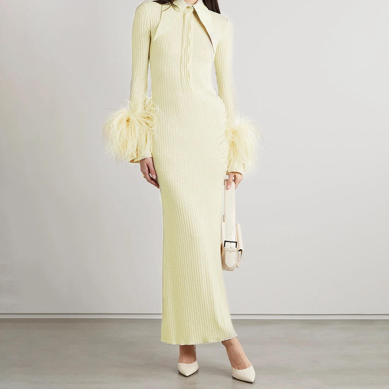 Elegant Long Knitted Dress for Women Long Sleeves with Feather Fashion Women Party Wear Dress Wholesale – Knitwear and Dresses for Women price|S