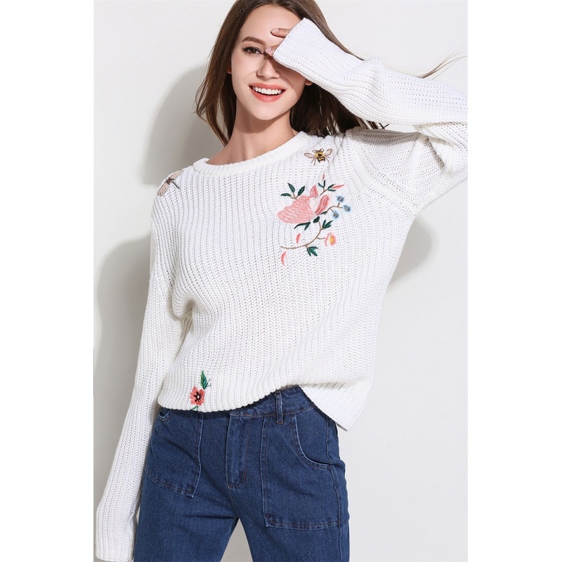 Winter Knitwear Shirt Flower Fashion Apparel Embroidery Women Pullover Sweater – Dress and Clothes price|S