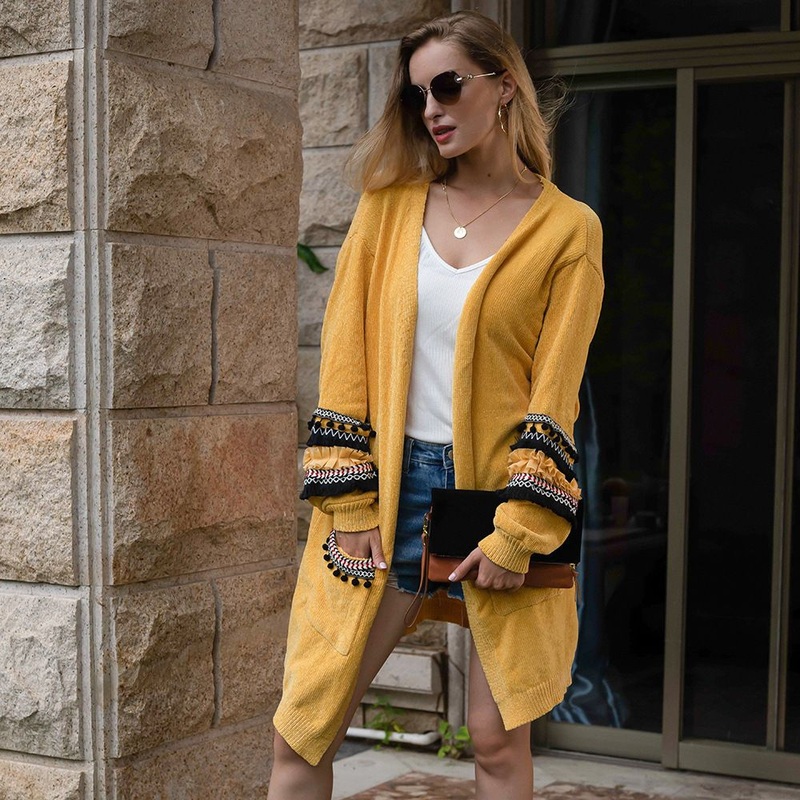 Womens Cardigan Sweater Puff Sleeve Casual Long Knitwear Sweater with Pocket – Women Clothes and Clothing price|S