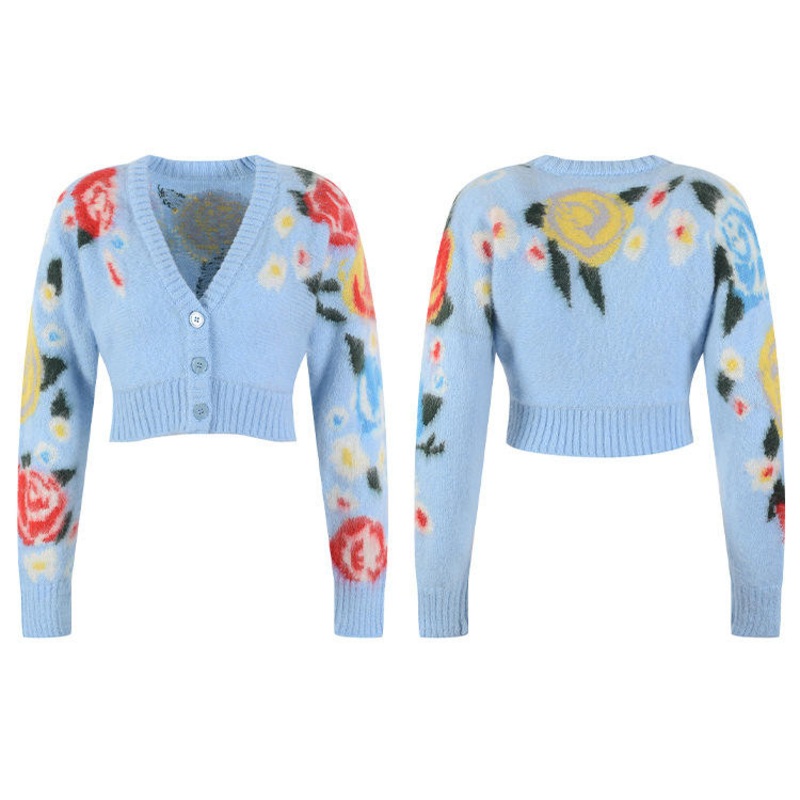 2023 Mohair Sweater Custom Vintage Flower Knitted High Waist Cardigan V Neck Mohair Crop Sweater – Knitted Cardigans and Cardigan price|S, Customized