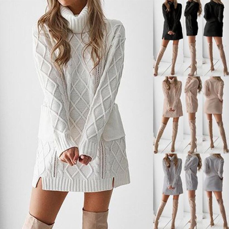 Autumn Ladies Turtleneck Knit Dress Women Loose Pocket Long Sleeve Sweater Dress – Autumn Winter Women Sweater and Fashion Sweater price|S, S, M, L, XL