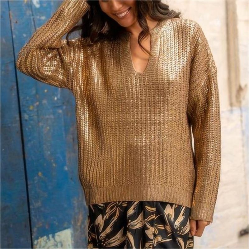 Bronze V-Neck Loose Casual Knit Jumper for Plus Size Women – Ladies Sweater and Striped Sweater price|S, S/M/L/Customized Size