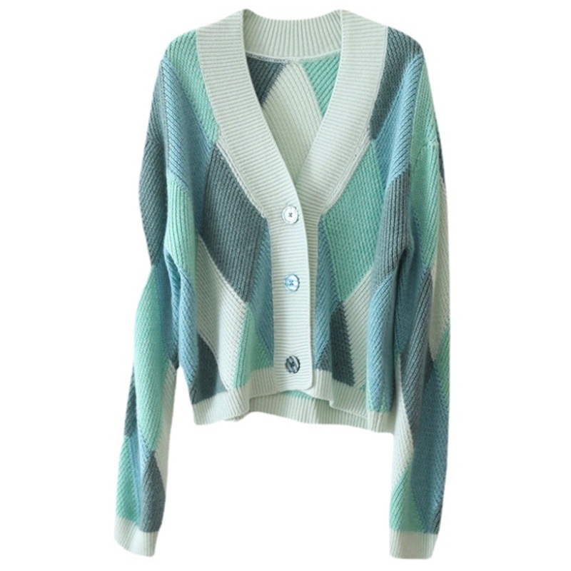 Ladies Knit Colorful Argyle Cardigan Women Sweater Short Knitwear – Custom Knit Sweater and Girls Stylish Knitted Sweater price|S