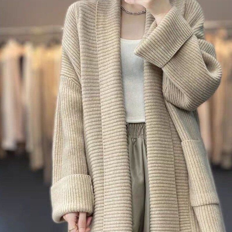 Neckless Wool Long Cardigan Sweater Long Sleeve Women Coat with Pocket – Cardigan Coat and Knitwear price|S