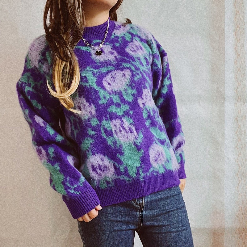 Women Wholesale Custom Vintage Winter Thick Sweater Flocking Fluffy Long Sleeve Flower Jacquard Round Neck Knit Sweaters – Woman Sweaters and Flower Sweater price|S