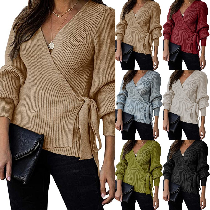 2022 Autumn Winter New Sexy V-Neck Tie Sweater Fashion Ladies Knitted Sweater – V-Neck Lace-up Sweater and Fashion Knitted Sweater price|S