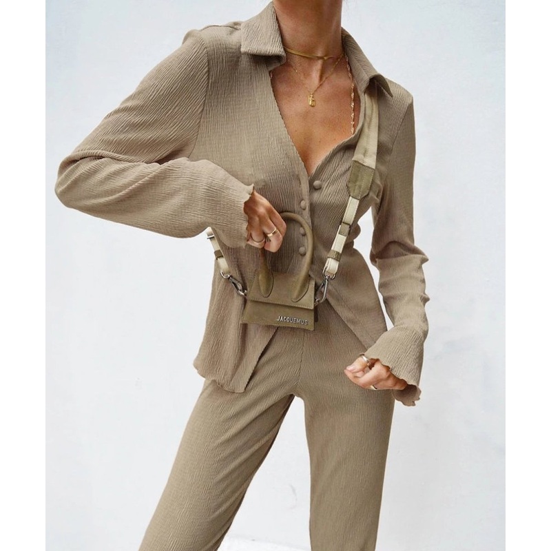 Casual 2 Piece Outfit Notched Neck Long Sleeve Blouse Loose Wide Leg Ladies Pants Womens Two Piece Sets – Women and Leisure price|S