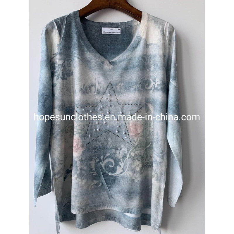 China Factory Women V-Neck Printing Transfer Pearl Fixrhinestone Pullover Knitwear Sweater – Sweater and Knitwear price|S